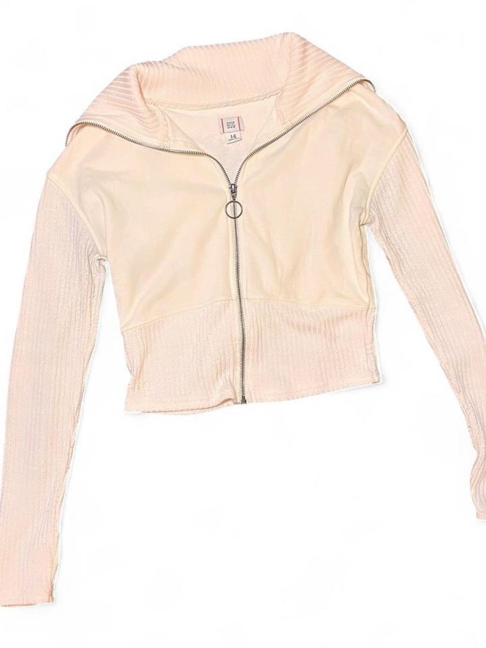 Cream Zip-Front Ribbed Cropped Top